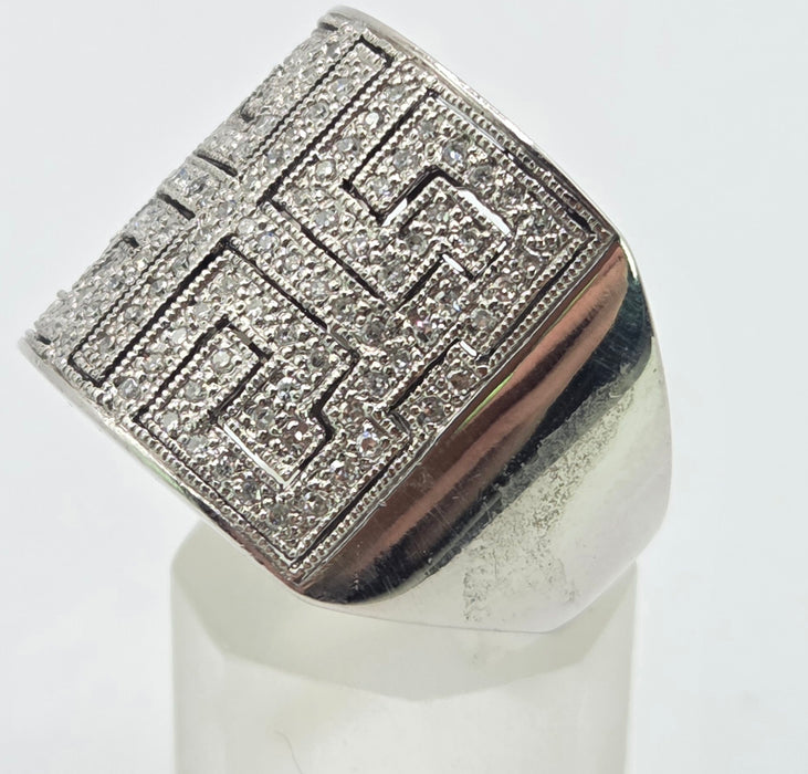 6330 Vintage: 9ct White Gold 1.75ct Diamond Greek Key Statement Ring