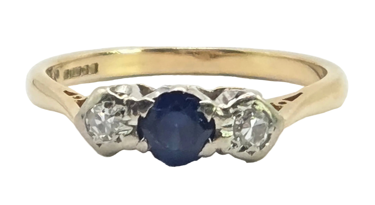 6527 Vintage: 18ct Yellow Gold Sapphire & Diamond Three Stone Ring — From 1981