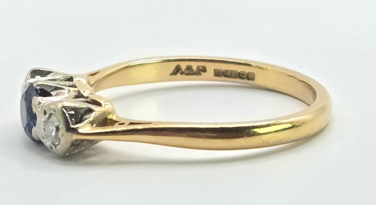 6527 Vintage: 18ct Yellow Gold Sapphire & Diamond Three Stone Ring — From 1981