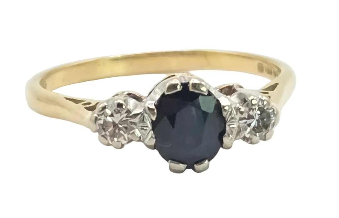 6530 Vintage: 18ct Yellow Gold Sapphire & Diamond Three Stone Ring — From 1966
