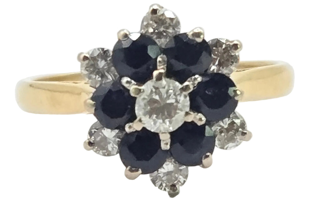 6538 Vintage: 18ct Yellow Gold Sapphire & Diamond Cocktail Cluster Ring — From 1978