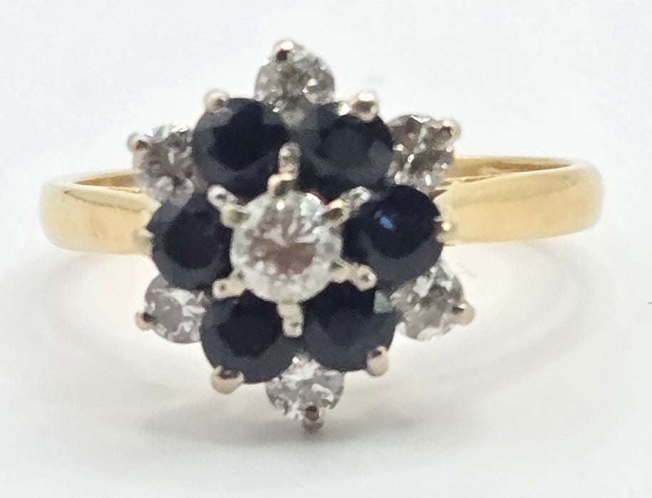 6538 Vintage: 18ct Yellow Gold Sapphire & Diamond Cocktail Cluster Ring — From 1978