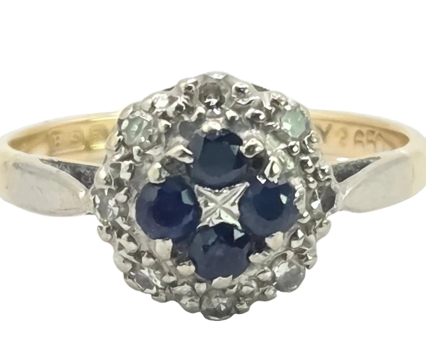 6540 Vintage: 18ct Yellow Gold Sapphire & Diamond Daisy Cluster Ring — From 1965