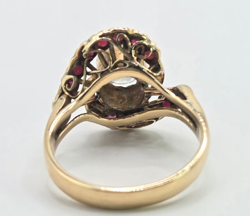 6541 Vintage: 18ct Yellow Gold Zircon & Ruby Cluster Ring