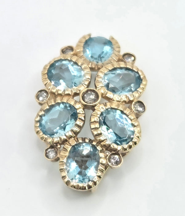 6544 Vintage: 9ct Yellow Gold Simulated Aquamarine & Diamond Pendant