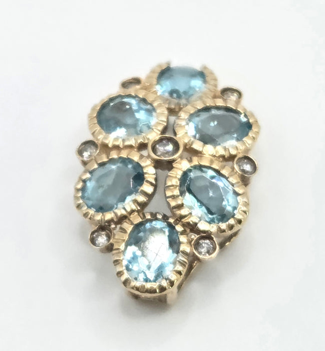 6544 Vintage: 9ct Yellow Gold Simulated Aquamarine & Diamond Pendant