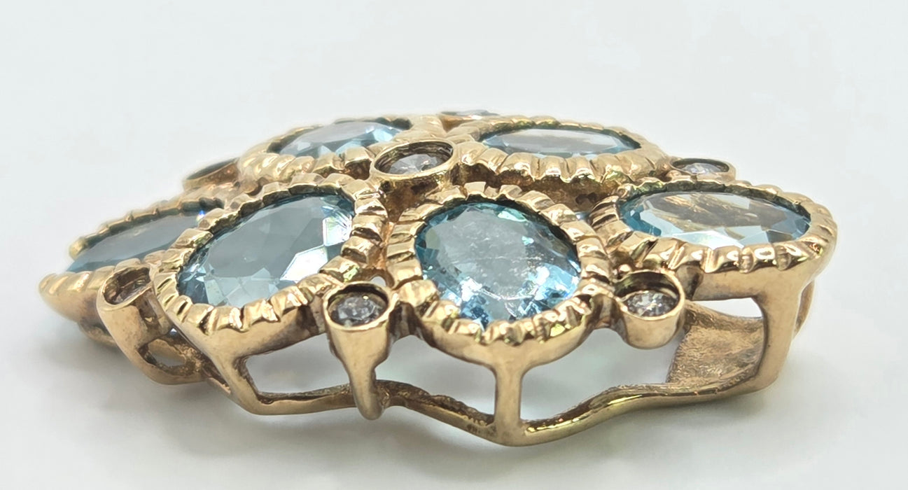 6544 Vintage: 9ct Yellow Gold Simulated Aquamarine & Diamond Pendant