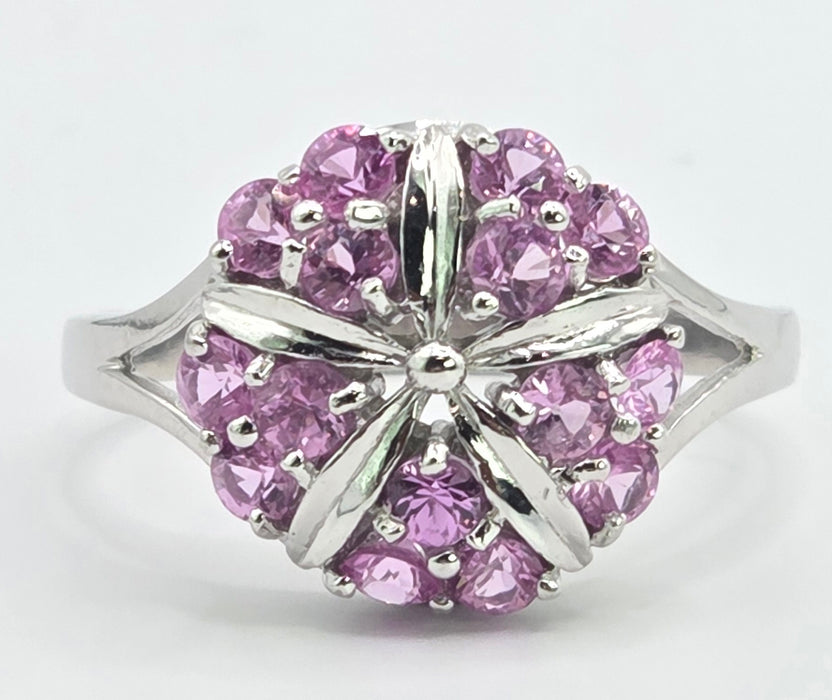 6545 Vintage: 18ct White Gold Pink Sapphire Cluster Cocktail Ring