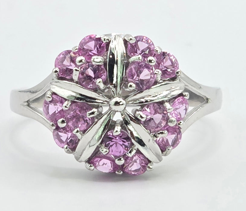 6545 Vintage: 18ct White Gold Pink Sapphire Cluster Cocktail Ring