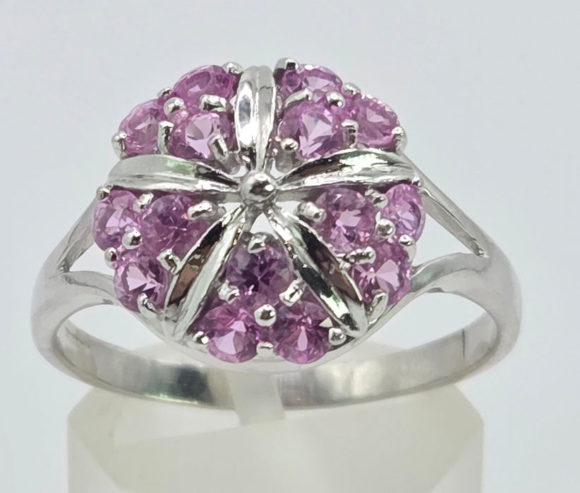 6545 Vintage: 18ct White Gold Pink Sapphire Cluster Cocktail Ring