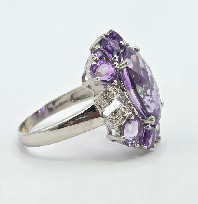6546 Vintage: 9ct White Gold Amethyst & Diamond Cocktail Ring