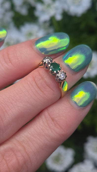 3147 Vintage: 18ct Yellow Gold Emerald & Diamond Three Stone Ring — London 1976