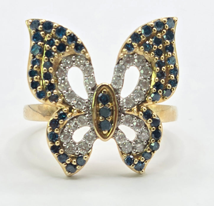3259 Vintage: 9ct Yellow Gold Blue & White Natural Diamond Butterfly Ring