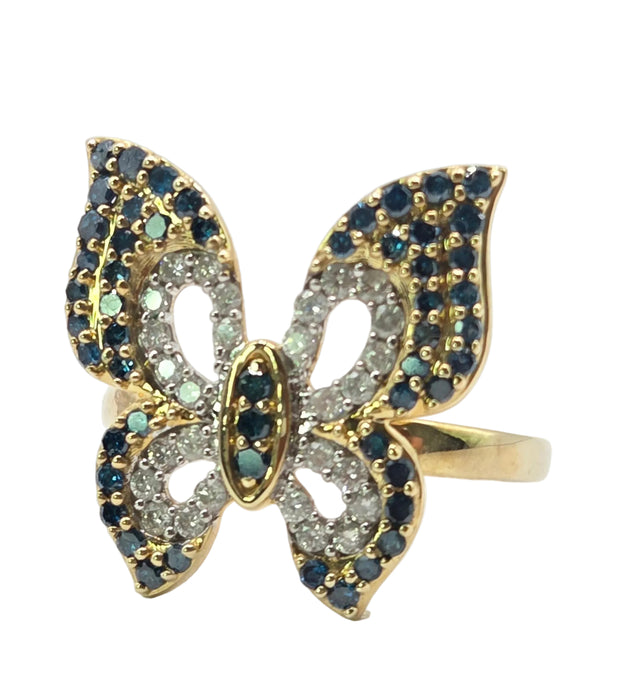3259 Vintage: 9ct Yellow Gold Blue & White Natural Diamond Butterfly Ring