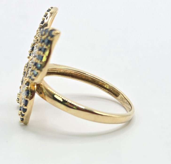 3259 Vintage: 9ct Yellow Gold Blue & White Natural Diamond Butterfly Ring