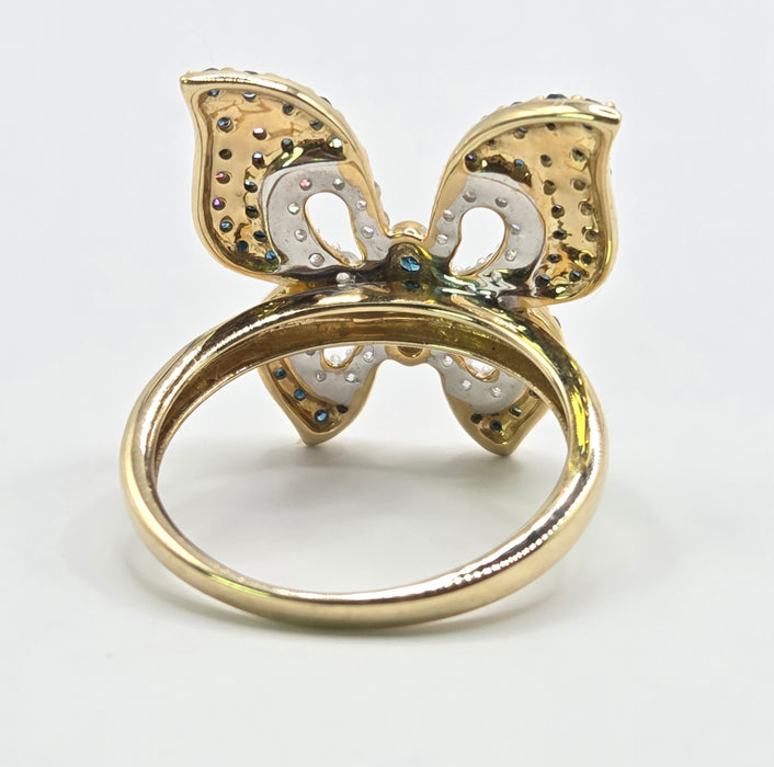 3259 Vintage: 9ct Yellow Gold Blue & White Natural Diamond Butterfly Ring