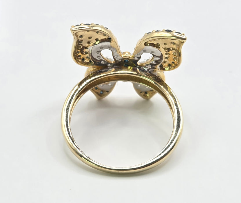 3259 Vintage: 9ct Yellow Gold Blue & White Natural Diamond Butterfly Ring