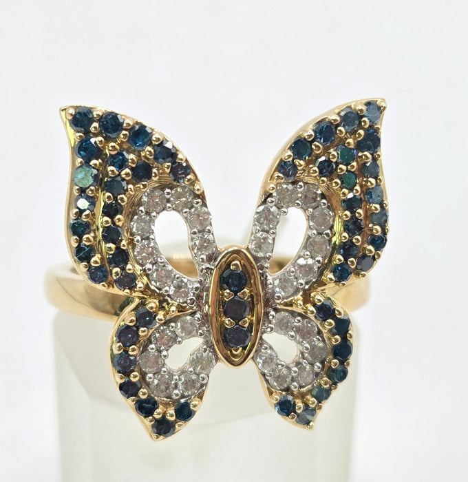 3259 Vintage: 9ct Yellow Gold Blue & White Natural Diamond Butterfly Ring