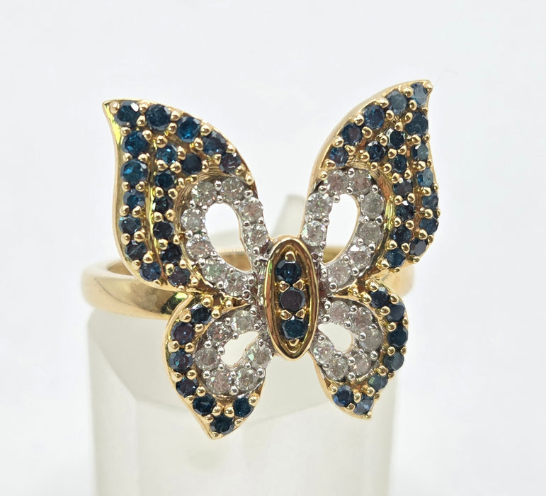 3259 Vintage: 9ct Yellow Gold Blue & White Natural Diamond Butterfly Ring