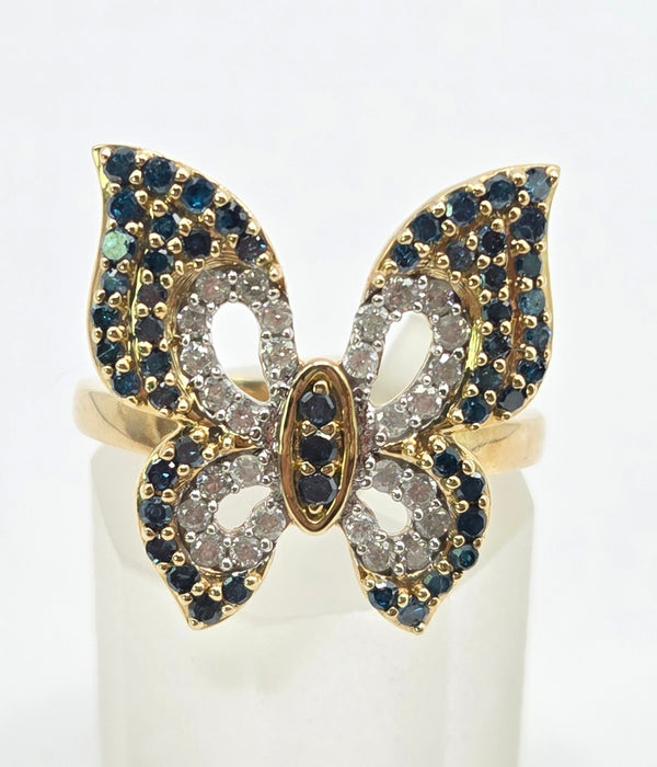 3259 Vintage: 9ct Yellow Gold Blue & White Natural Diamond Butterfly Ring