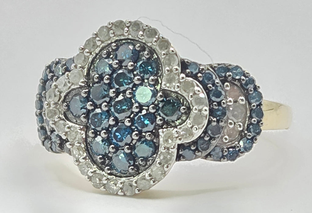 3260 Vintage: 9ct Yellow Gold Blue & White Natural Diamond Cluster Ring