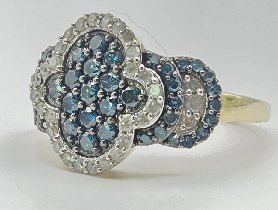3260 Vintage: 9ct Yellow Gold Blue & White Natural Diamond Cluster Ring