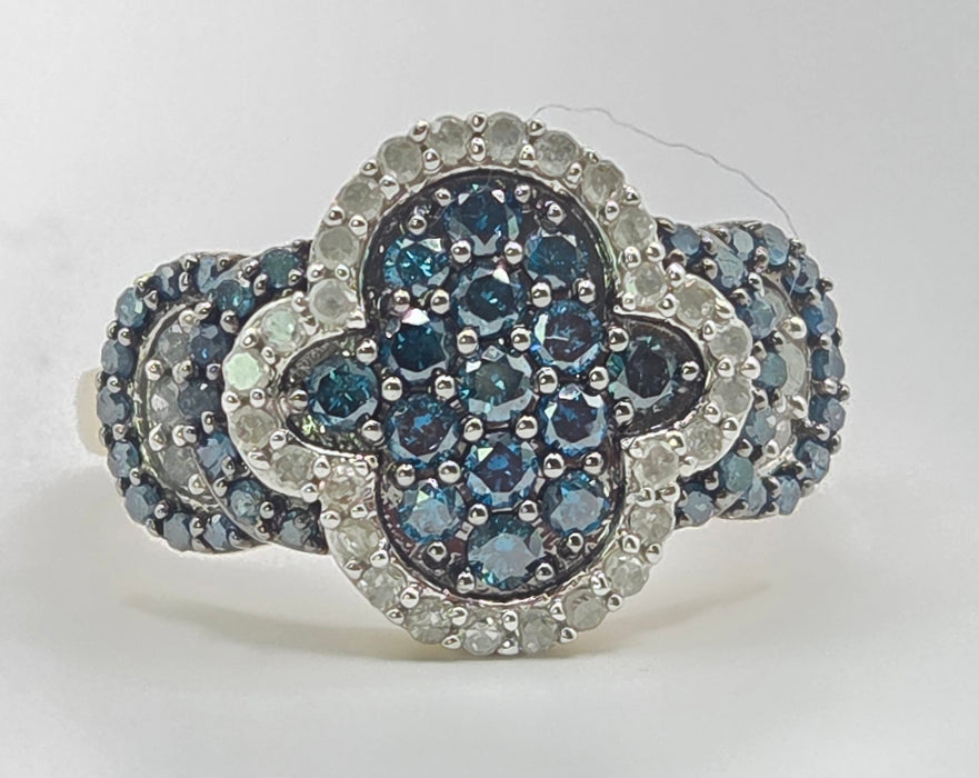 3260 Vintage: 9ct Yellow Gold Blue & White Natural Diamond Cluster Ring