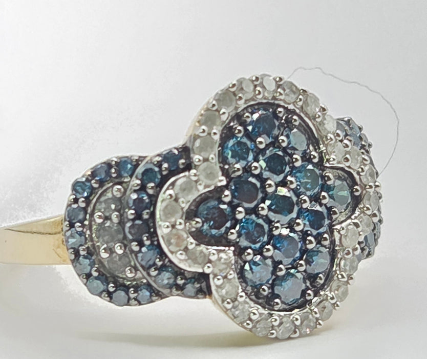 3260 Vintage: 9ct Yellow Gold Blue & White Natural Diamond Cluster Ring