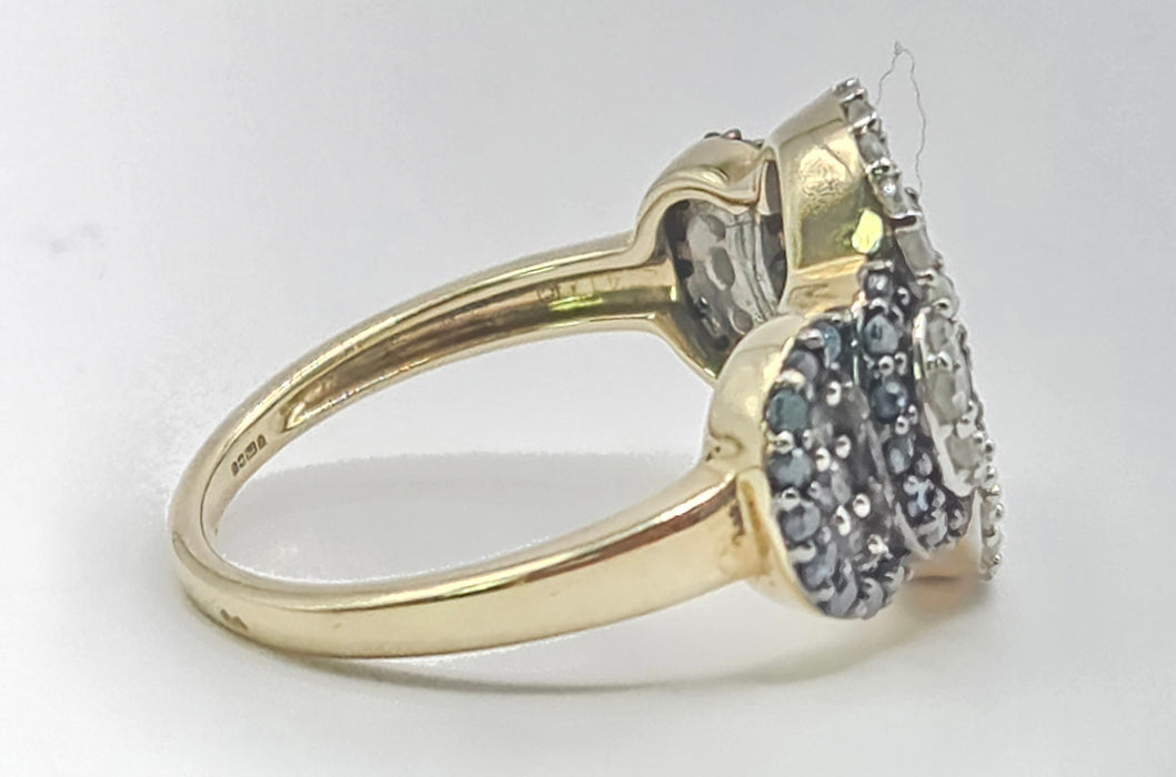 3260 Vintage: 9ct Yellow Gold Blue & White Natural Diamond Cluster Ring