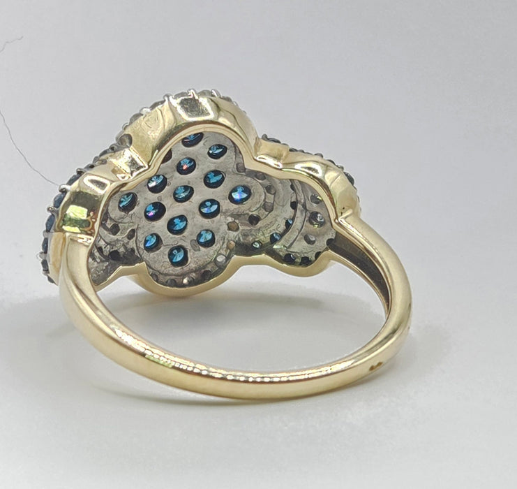 3260 Vintage: 9ct Yellow Gold Blue & White Natural Diamond Cluster Ring