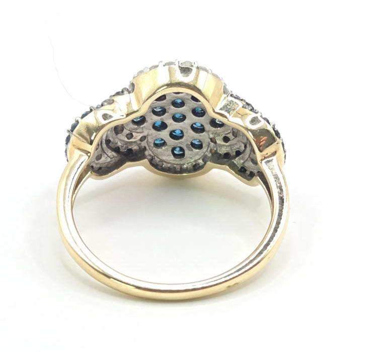 3260 Vintage: 9ct Yellow Gold Blue & White Natural Diamond Cluster Ring