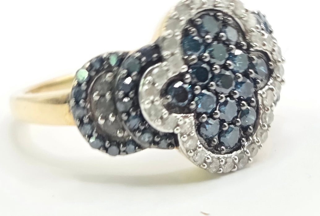 3260 Vintage: 9ct Yellow Gold Blue & White Natural Diamond Cluster Ring