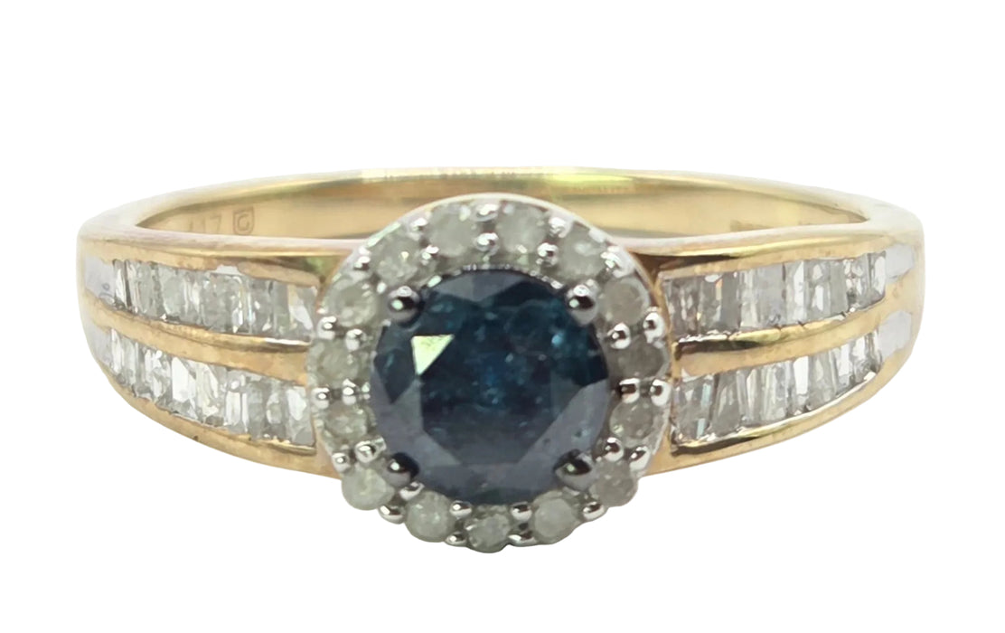 3261 Vintage: 9ct Yellow Gold Blue & White Diamond Halo Cluster Ring