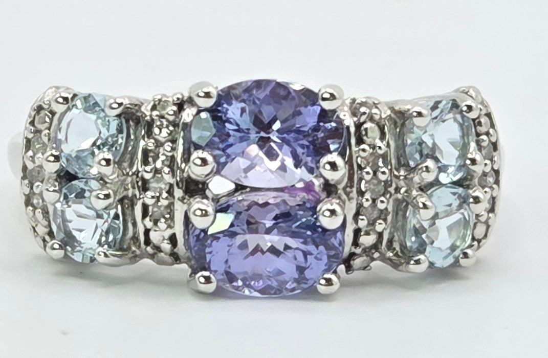 3262 Vintage: 9ct White Gold Tanzanite & Aquamarine Diamond Ring — 1.13ct