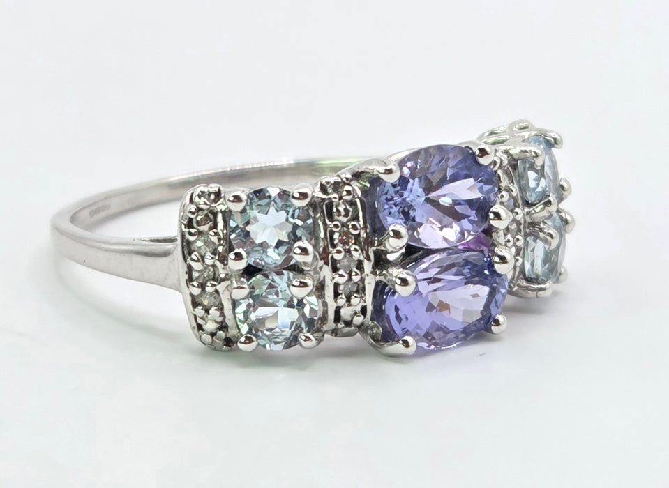 3262 Vintage: 9ct White Gold Tanzanite & Aquamarine Diamond Ring — 1.13ct