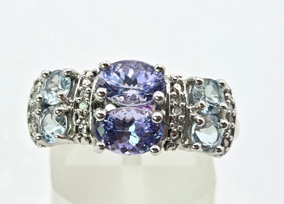 3262 Vintage: 9ct White Gold Tanzanite & Aquamarine Diamond Ring — 1.13ct