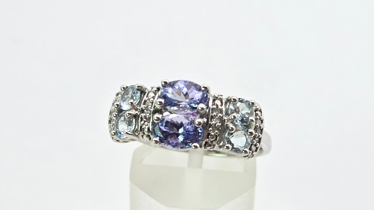 3262 Vintage: 9ct White Gold Tanzanite & Aquamarine Diamond Ring — 1.13ct