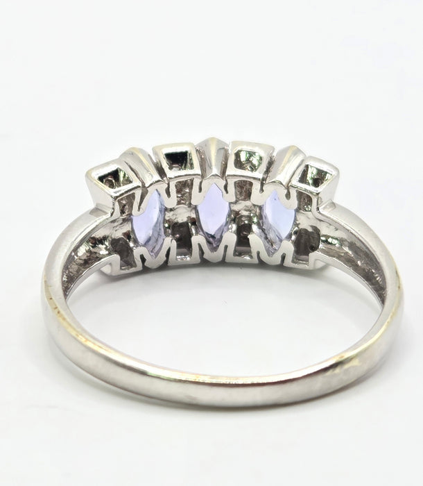 6557 Vintage: 9ct White Gold Tanzanite & Diamond Trilogy Ring