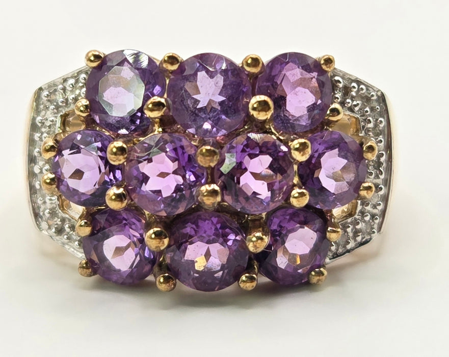 6559 Vintage: 9ct Yellow Gold Amethyst & Diamond Cluster Cocktail Ring
