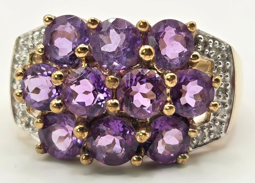 6559 Vintage: 9ct Yellow Gold Amethyst & Diamond Cluster Cocktail Ring