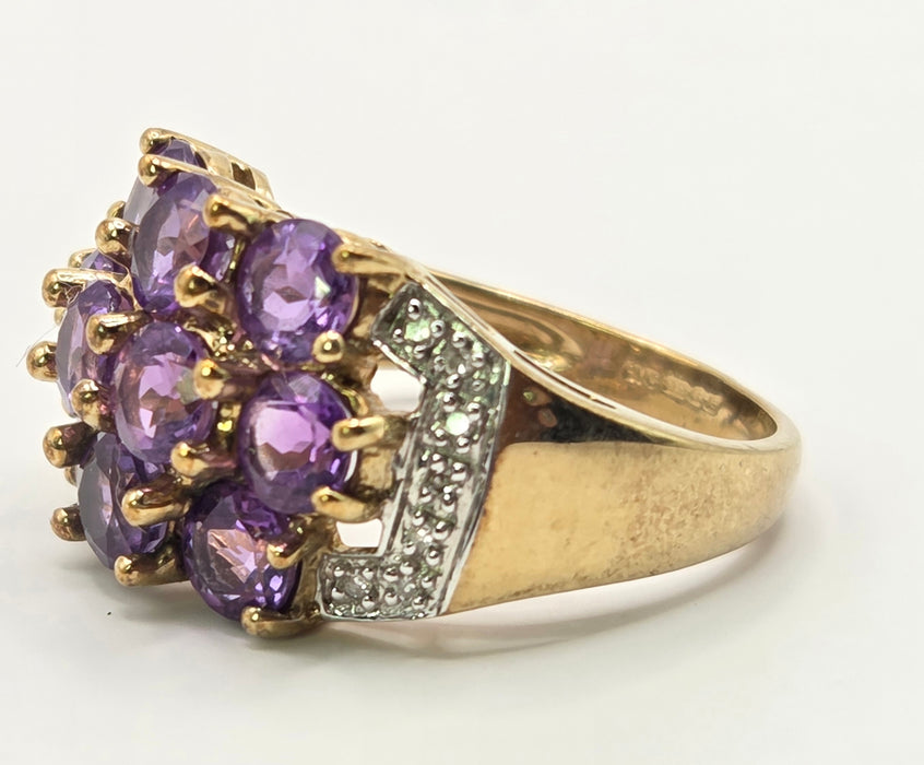 6559 Vintage: 9ct Yellow Gold Amethyst & Diamond Cluster Cocktail Ring