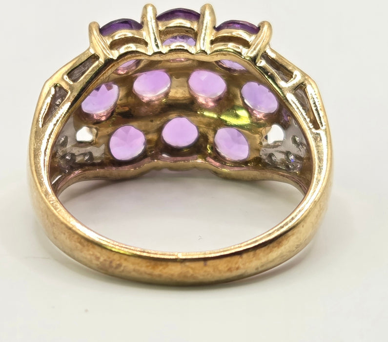 6559 Vintage: 9ct Yellow Gold Amethyst & Diamond Cluster Cocktail Ring