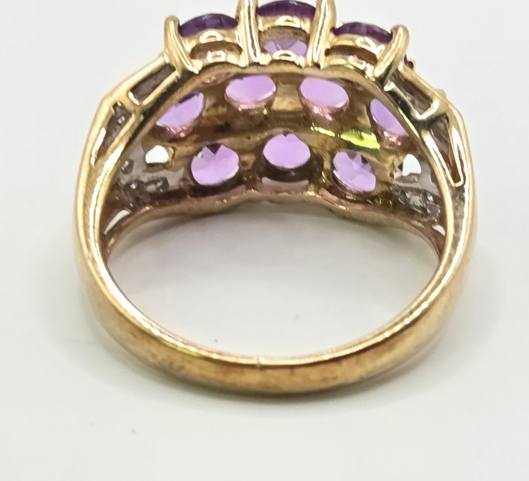 6559 Vintage: 9ct Yellow Gold Amethyst & Diamond Cluster Cocktail Ring