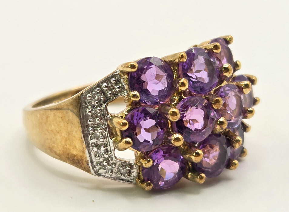 6559 Vintage: 9ct Yellow Gold Amethyst & Diamond Cluster Cocktail Ring