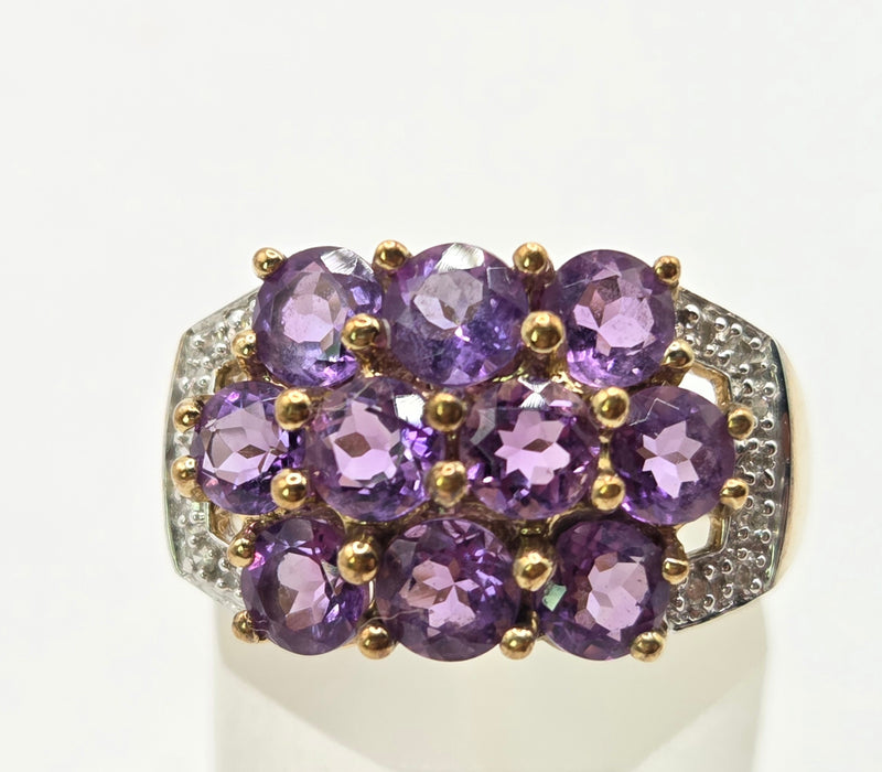6559 Vintage: 9ct Yellow Gold Amethyst & Diamond Cluster Cocktail Ring