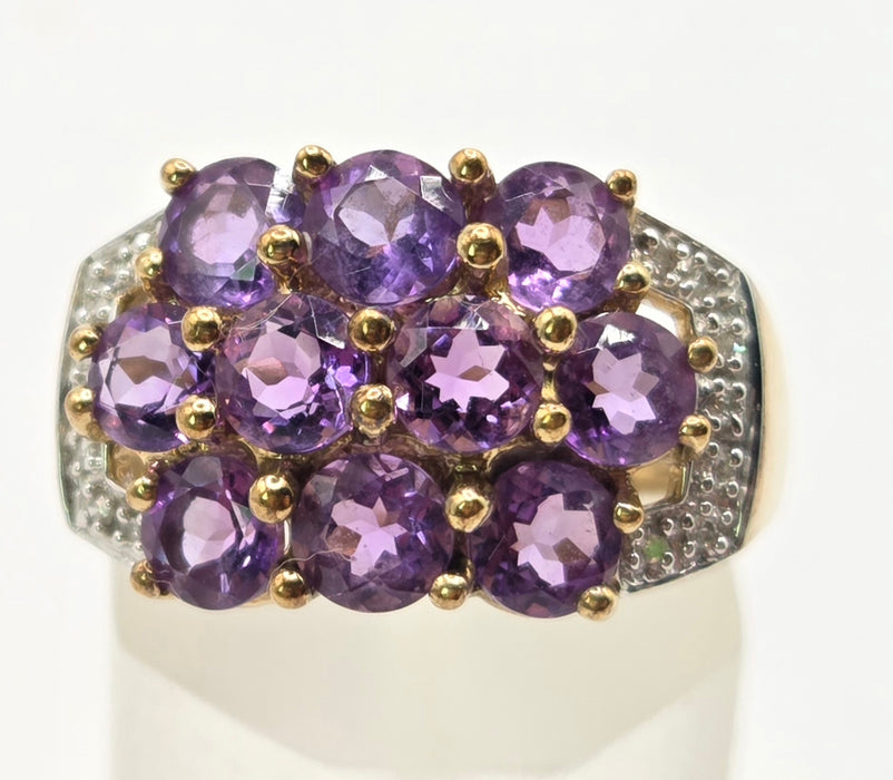 6559 Vintage: 9ct Yellow Gold Amethyst & Diamond Cluster Cocktail Ring