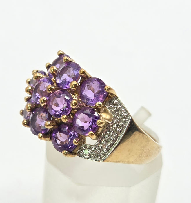 6559 Vintage: 9ct Yellow Gold Amethyst & Diamond Cluster Cocktail Ring
