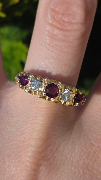 6519 Vintage: 18ct Yellow Gold Ruby & Diamond Five-Stone Carved Half Hoop Ring — From 1978