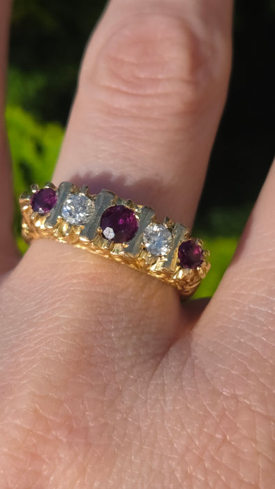 6519 Vintage: 18ct Yellow Gold Ruby & Diamond Five-Stone Carved Half Hoop Ring — From 1978