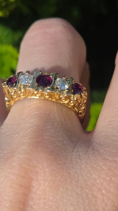 6519 Vintage: 18ct Yellow Gold Ruby & Diamond Five-Stone Carved Half Hoop Ring — From 1978